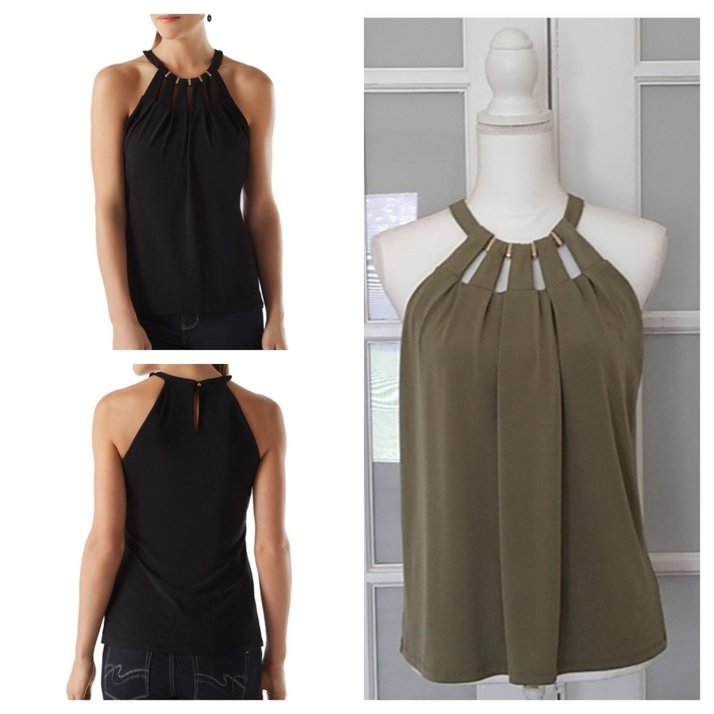 New York & Company Sleeveless Olive Green Halter Blouse